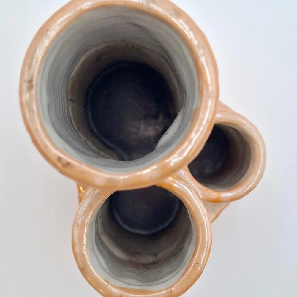 Vintage Japan Ceramic Triple Bud Vase Iridescent Peach Bamboo Style Mid Century